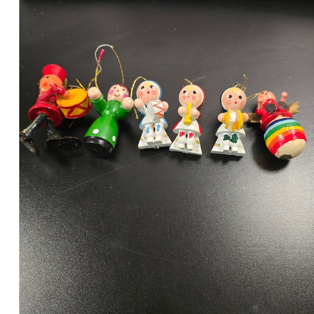 Vintage Wooden Christmas Ornaments Set of 6 Hand Painted Toy Soldier Angel Folk